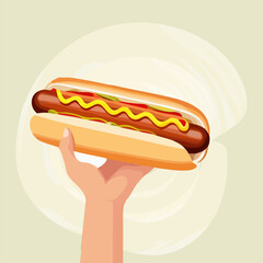 Hand drawn hotdog cartoon icon illustration. Human hand holding a hot dog. Poster, banner, card, background.