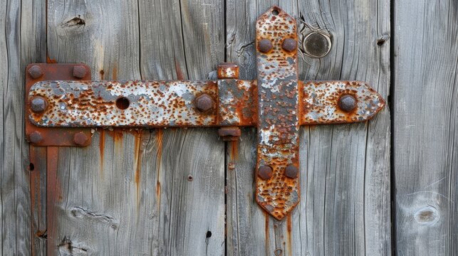 Weathered wood door with rusty iron hinge