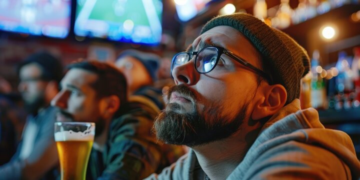 Men at bars sipping beer and watching football games in a depressing way.