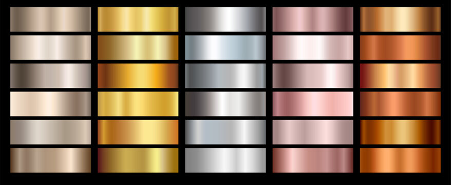 Gold rose, silver, bronze, copper and golden foil texture gradation background set. Vector shiny and metalic gradient collection for border, frame, ribbon, label design