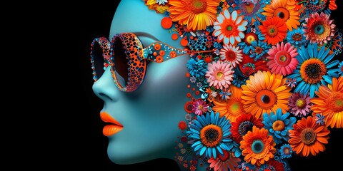 illustration of a flower power woman with sunglasses surrounded by flowers in the style of the 60s