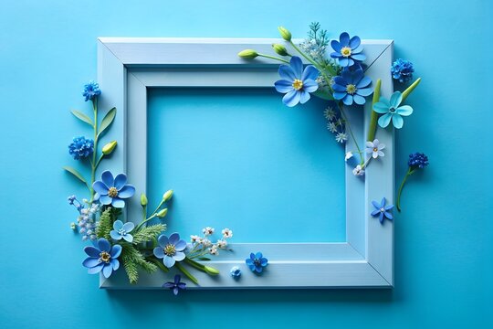 A frame made of blue flowers on a blue background