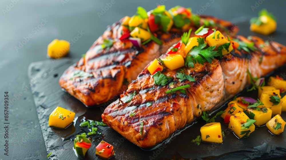 Poster  A tight shot of two salmon fillets on a plate, surrounded by pineapple chunks and various vegetables