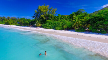 Praslin Beach, Seychelles. Aerial view of tropical coastline on a sunny day