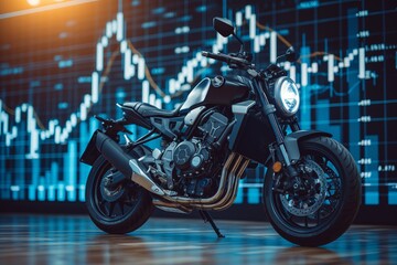 The image shows a motorcycle against a digital stock market background, symbolizing speed and progress
