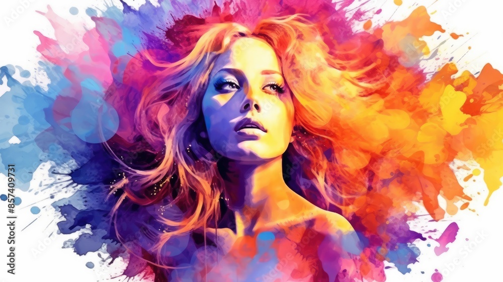 Wall mural Close up of young beautiful woman portrait with dynamic watercolor splash. Artistic and abstract painting concept. Creativity and beauty expression for design and modern art. Imagination. AIG35. - Wall murals