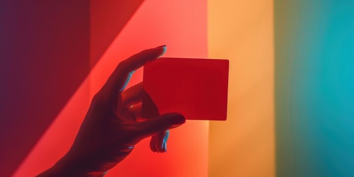 A red card with a colorful backdrop is held by a human hand. assemblage artwork