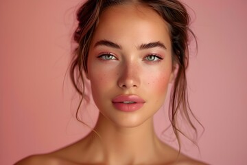 Fototapeta premium Captivating Beauty in Soft Pink Lighting Elegant Female Portrait with Flawless Makeup and Sophisticated Style