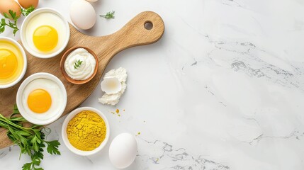 A white marble surface with fresh parsley, mustard, mayonnaise, and a boiled egg