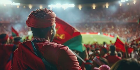 football fan at the stadium. supporters watching their team play soccer. a group of Moroccan supporters waving flags and wearing national jerseys.