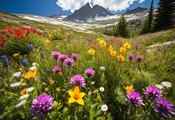 Obraz premium vibrant wildflowers blossoming alpine meadow landscape, bloom, colorful, scenic, botanical, flora, picturesque, highland, plants, beauty, serene, countryside