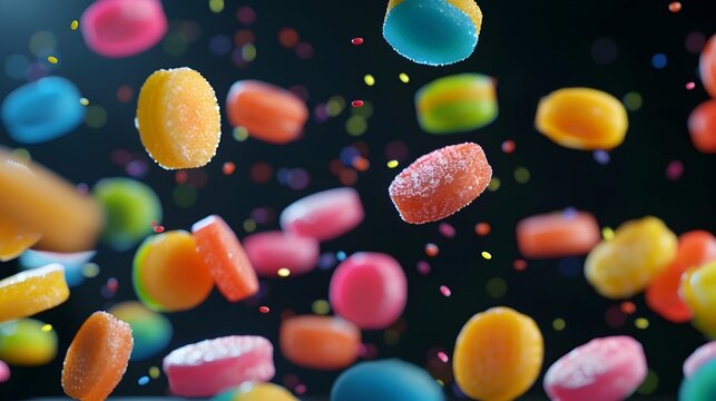 Cascading Confections Vibrant Gummy Candies in Motion
