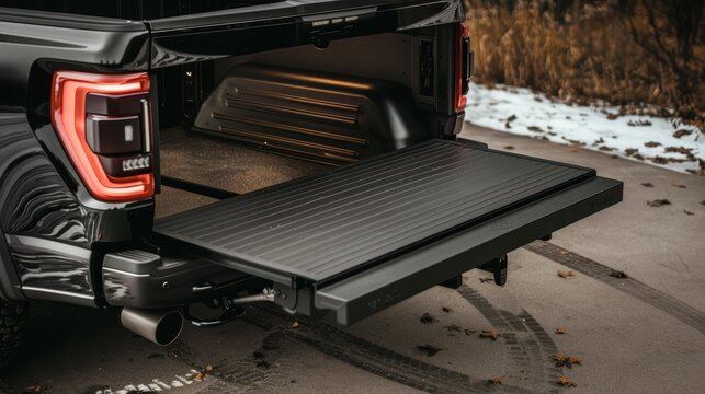 Sleek aluminum truck bed with skateboard slide, dual drawers at the rear, side access openings for easy reach, emphasizing heavy-duty design and practical utility