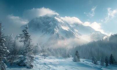 Snowy mountain in sunlight