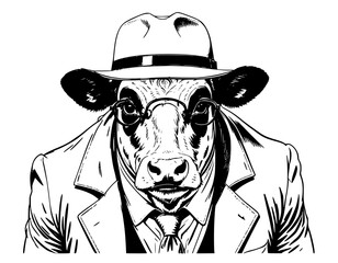 Vintage Engraved Cow Portrait with Sunglasses on a Farm Retro Poster