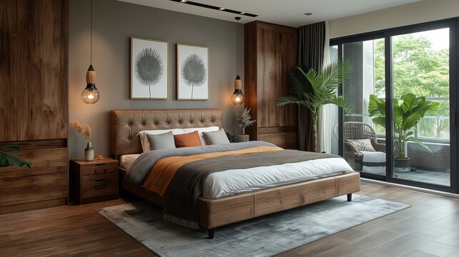 A contemporary and cozy bedroom features a plush tufted bed, elegant wooden panels, and soothing greenery by a wide balcony, creating a serene retreat.