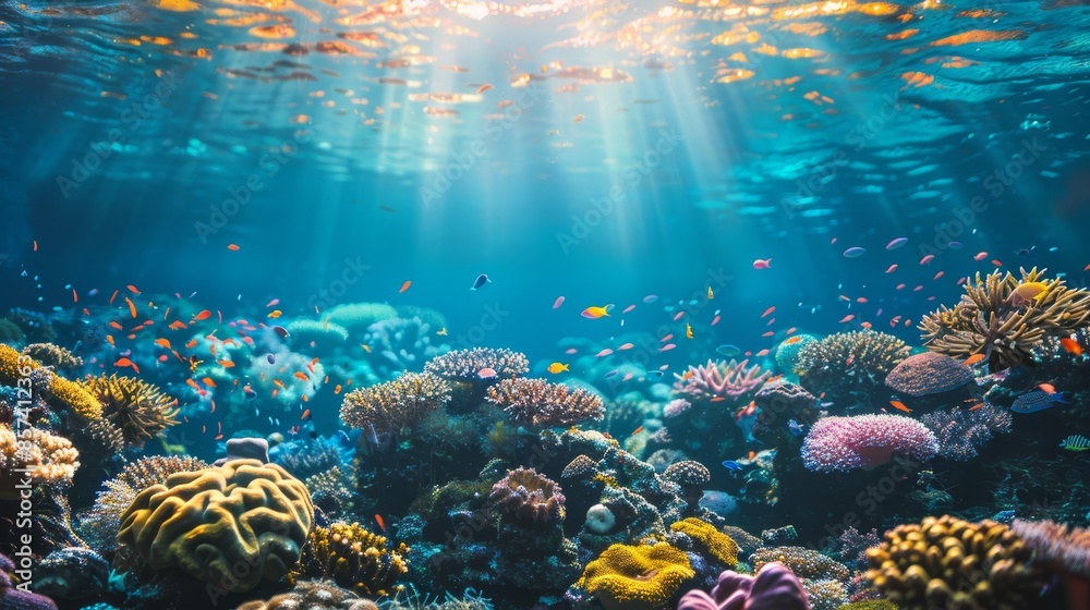 Wall mural  An underwater perspective of a vibrant coral reef teeming with various hued corals and tiny fish darting amongst them