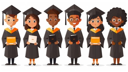 A diverse group of six graduate students in traditional black robes and mortarboards beam with pride, holding diplomas.