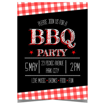 BBQ party banner, poster or flyer to invite friends and family for a backyard picnic, to grill and roast beef steak, pork, chicken and sausages. Vector invitation suitable for a birthday celebration.