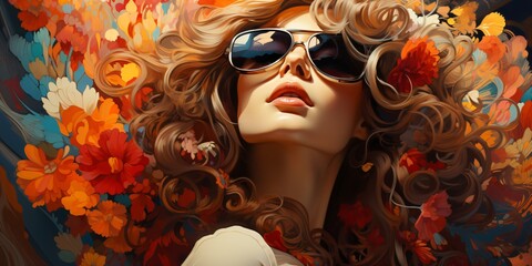 illustration of a flower power woman with sunglasses surrounded by flowers in the style of the 60s