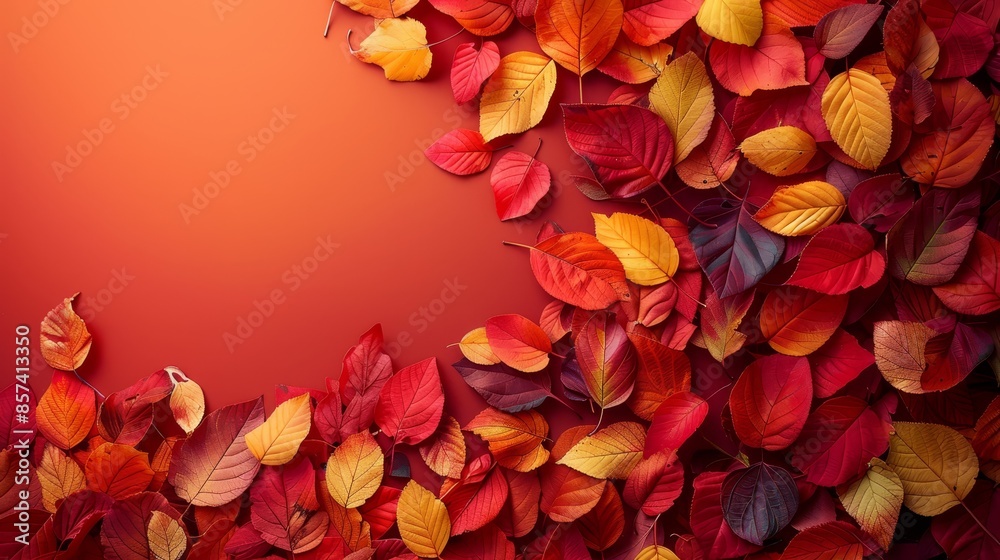 Wall mural red and yellow leaves cluster against a bold red backdrop text space lies to the image's left side - Wall murals