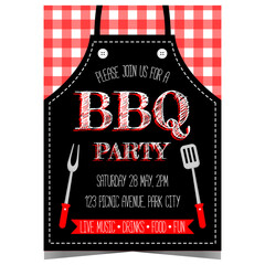 BBQ party invitation for birthday celebration or for a picnic, barbecue cooking, grilling and roasting beef steak, pork, chicken and sausages. Vector poster with an apron, fork and spatula.