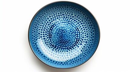 A pristine ceramic plate showcases a mesmerizing blue dotted pattern against a stark white background.