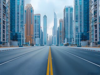 Obraz premium Expansive City Skyline with Towering High Rise Buildings and Empty Winding Street