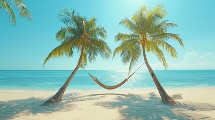  Two palm trees in hammocks face the ocean backdrop