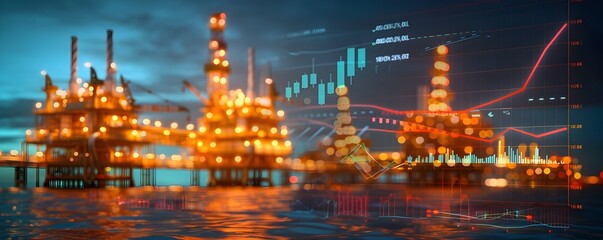 Expansive oil and gas plant with offshore rigs overlaid with vibrant market graphs showing economic trends in the energy industry