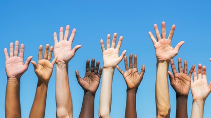 Hands of diverse people raised against clear blue sky, unity and diversity concept
