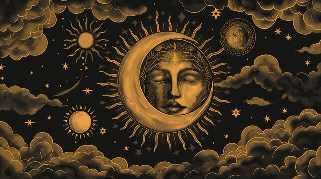 A mesmerizing celestial landscape featuring a tranquil moon face encircled by radiant suns amidst a backdrop of golden clouds and stars.