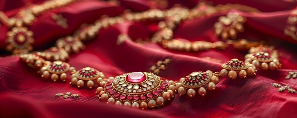 Fototapeta premium Exquisite Indian Jewelry Set Against a Lush Red Fabric Background with Gentle Natural Illumination