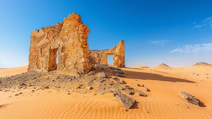 Desert ruin with ancient stone structures partially buried in the sand, under a clear blue sky