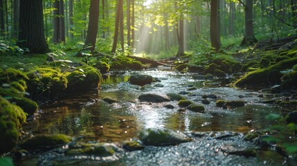  A stream winds through a verdant forest, surrounded by abundant green moss-covered rocks and trees on both banks