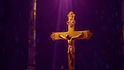 Liturgic violet purple particle loop background with golden Roman Church Crucifix. Christian Cross on ceremonial copy space 3D animation. Mourning sermon on Lent, Penance, Absolution of the Departed.