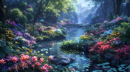 Enchanted valley with vibrant flora, a sparkling stream, and mystical creatures, creating a magical scene