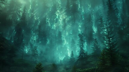 Obraz premium Ethereal glow emanating from a misty forest, creating a magical and serene atmosphere