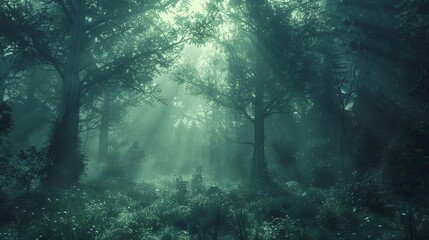 Obraz premium Ethereal glow emanating from a misty forest, creating a magical and serene atmosphere