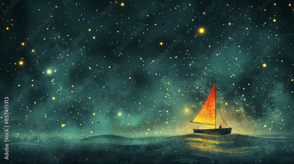 Poster  A sailboat painted in the midst of a tranquil body of water, star-studded night sky overhead