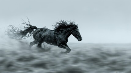  A black-and-white image of a galloping horse in the wind