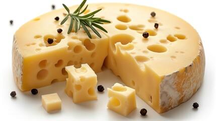 A wedge of Swiss cheese with characteristic large holes, displayed with rosemary and peppercorns.