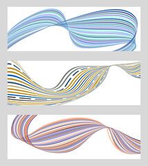 Wavy lines or ribbons. Set of 3 backgrounds. Multicolored striped gradient. Creative unusual background with abstract gradient wave lines to create a trendy banner, poster. vector eps