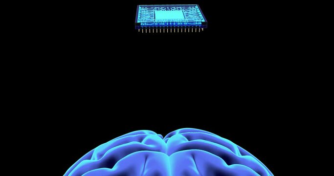 A 3D animation depicting the evolution of AI: starting by particles forming a quantum processor. The processor integrates into a brain, spreading circuits like those on a printed circuit board