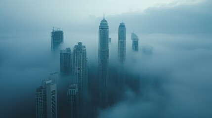 Fototapeta premium A cluster of skyscrapers rise through a dense layer of clouds in a tranquil scene.