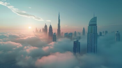 Fototapeta premium A breathtaking view of Dubai's skyscrapers breaking through a layer of clouds at sunrise.