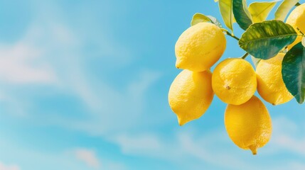 A close-up image of ripe lemons hanging from a branch against a clear blue sky