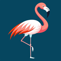 A pink flamingo balances on one leg against a serene blue background