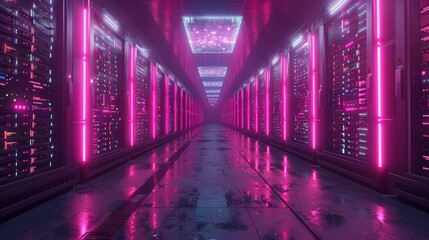 Server room with pink neon lights, futuristic data center interior. Cyber security and technology concept