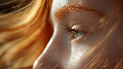 The soft focus on a young redhead reveals a dreamlike quality, emphasizing her delicate features and fiery hair.